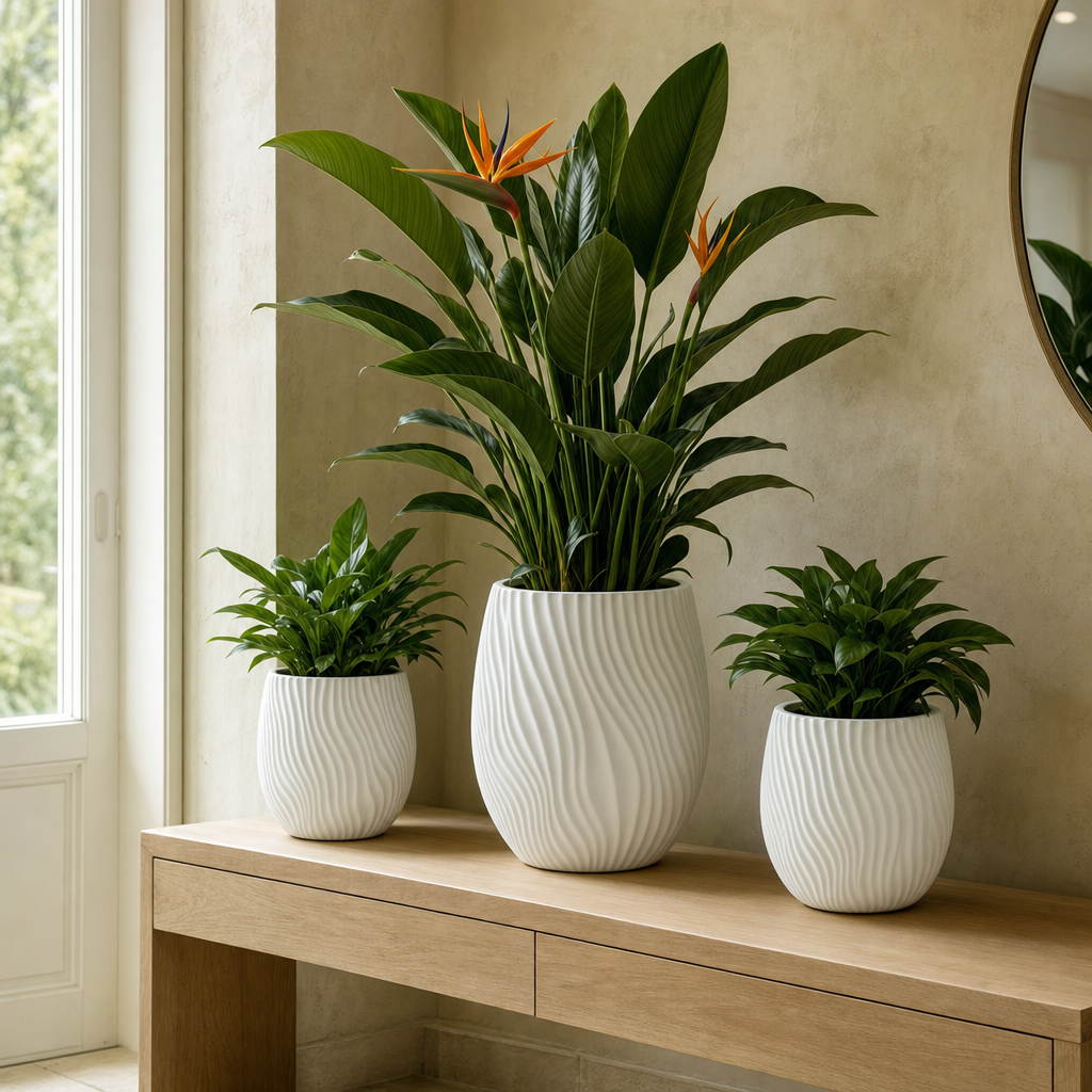 Drie witte designer plantenpotten in een rustige interieursetting op een console