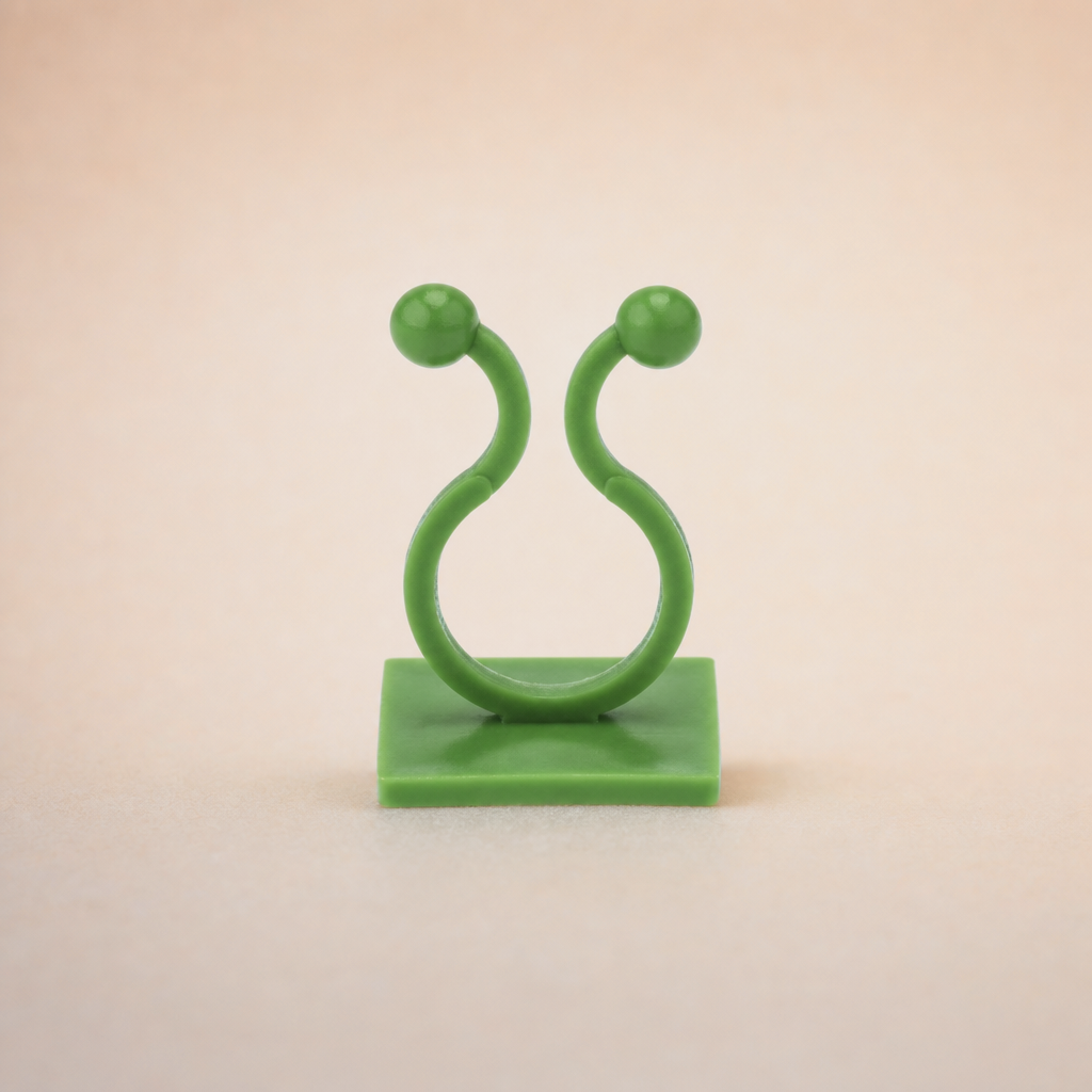 Eén groene zelfklevende plantclip recht van voren op een warme effen achtergrond