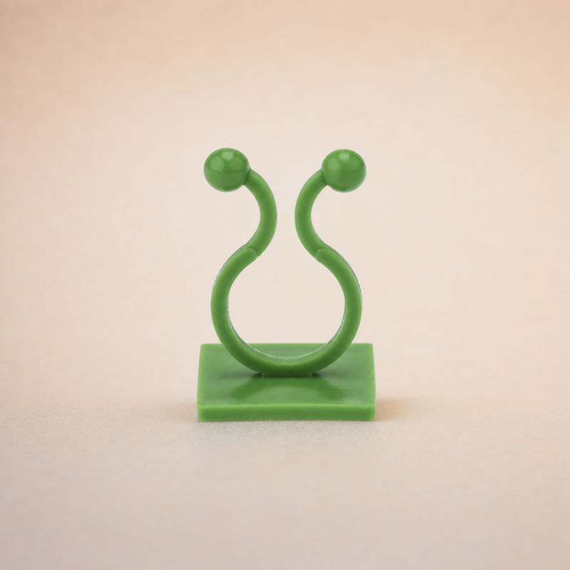 Eén groene zelfklevende plantclip recht van voren op een warme effen achtergrond