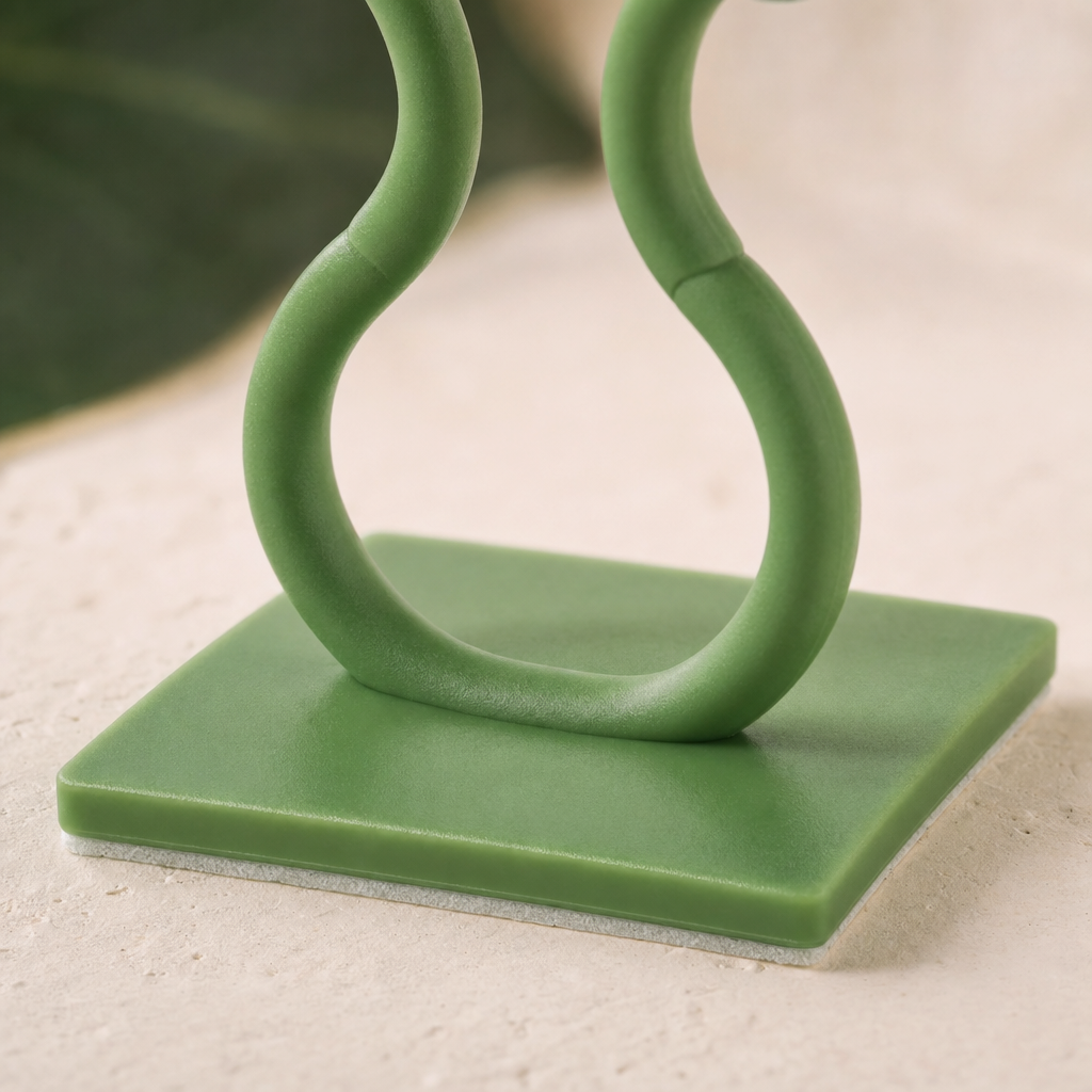 Macro van het vierkante plakvlak en de voet van de groene plantclip