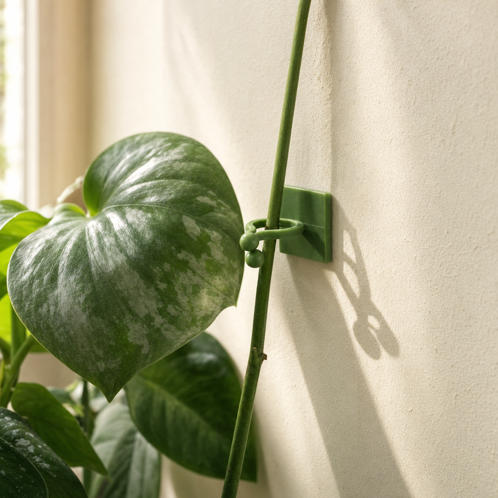 Groene plantclip houdt een rank tegen de muur in zacht zijlicht van een raam