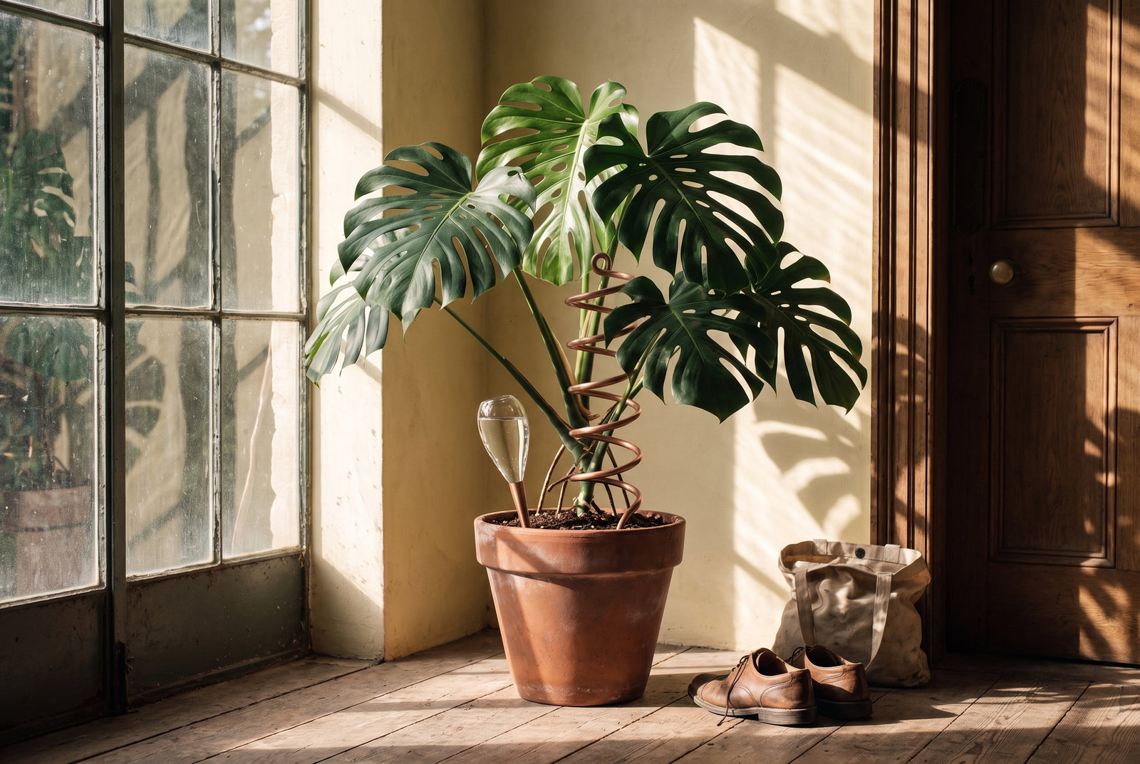 Monstera bij het staalraam, veertien dagen alleen