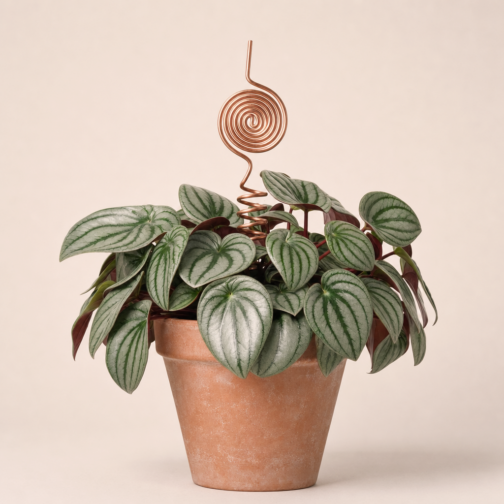 Koperspiraal Klassiek 3x in een terracotta pot met een volle watermeloenpeperomia
