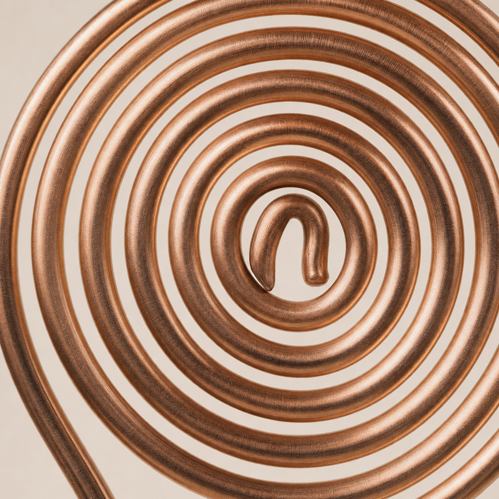 Close-up van de platte koperen krul, met daglicht tussen elke winding