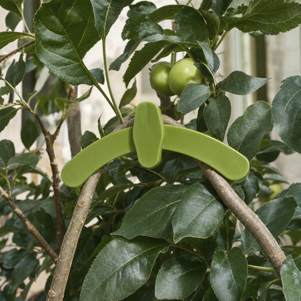Twee jonge appelboomtakken rusten op een groene takbuiger